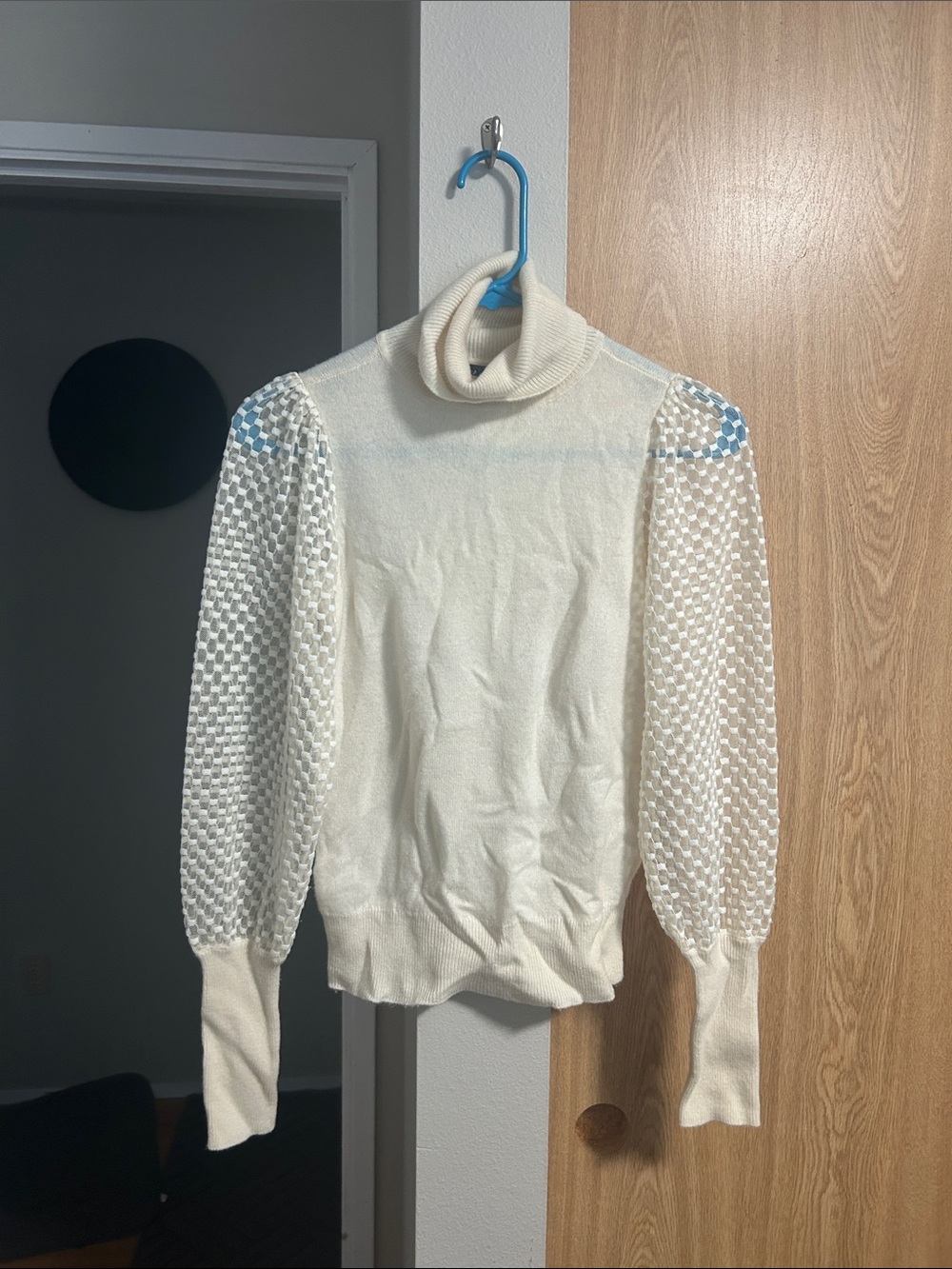 Aqua Cream Turtleneck Sweater with Sheer Basketweave Puff Sleeves